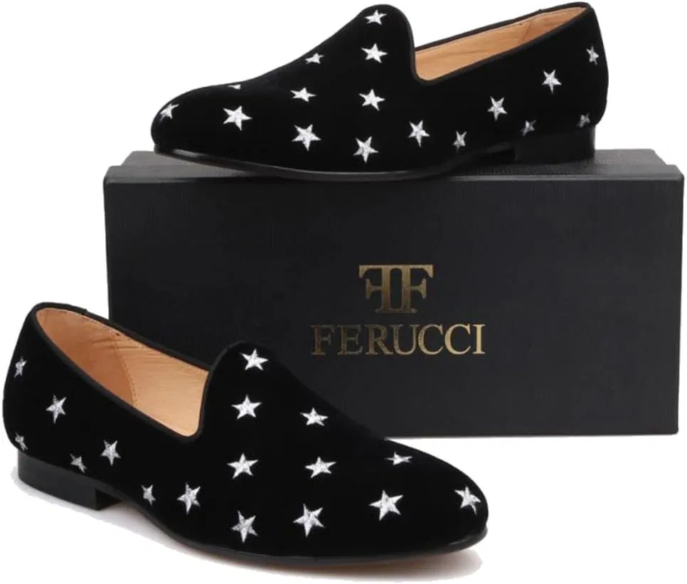Лоферы мужские FERUCCI Handmade Black Velvet с серебряными звездами, черный — фото 2