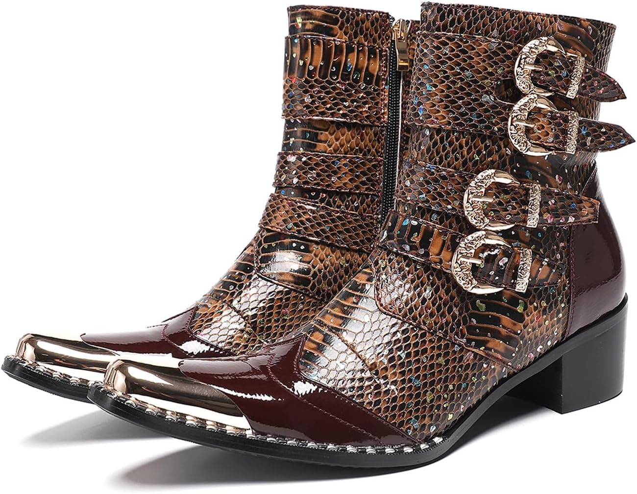 

Мужские ботинки Santimon с принтом змеи, ковбойские с западными пряжками - настоящая кожаная панк-рок обувь с драконьим квадратным носком, боковой молнией для вечеринок, сцены и бара, Brown-a