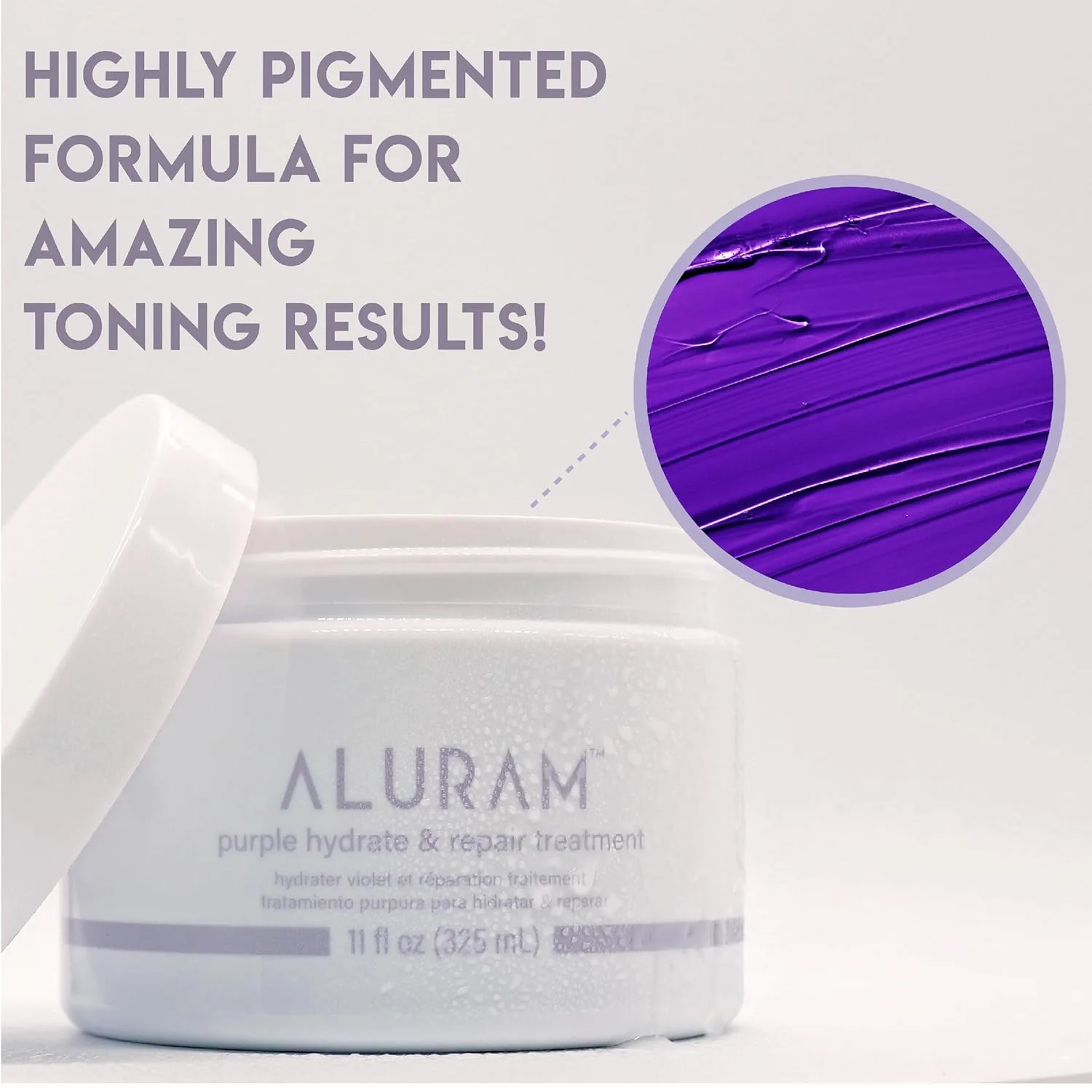 Увлажняющая и восстанавливающая маска для волос ALURAM Purple Hydrate & Repair Hair Treatment, интенсивное увлажнение, интенсивное питание для седых и окрашенных волос, 323 мл., Silver — фото 2