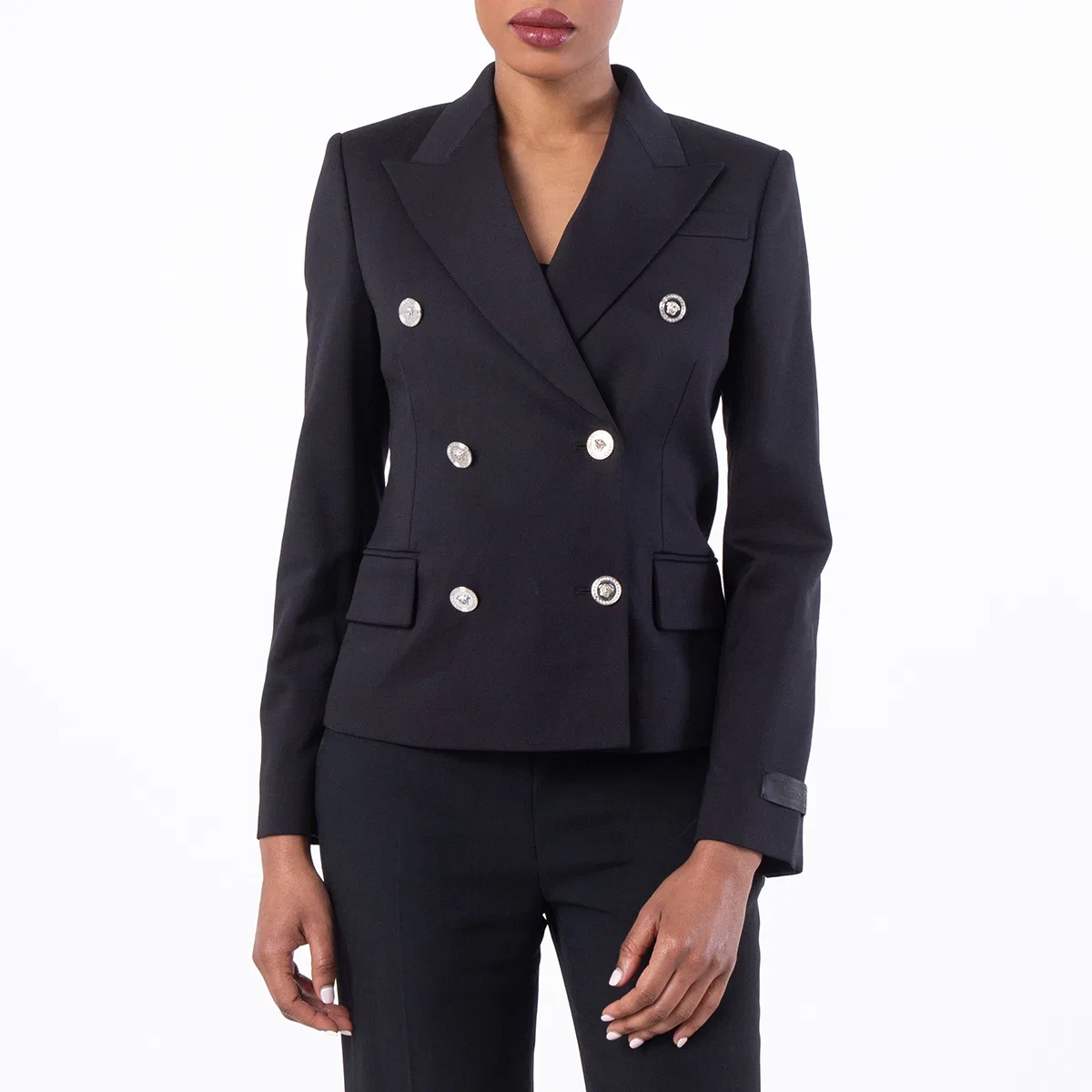 Жакет двубортный укороченный Crop Double-Breasted Wool Blazer Versace, Black