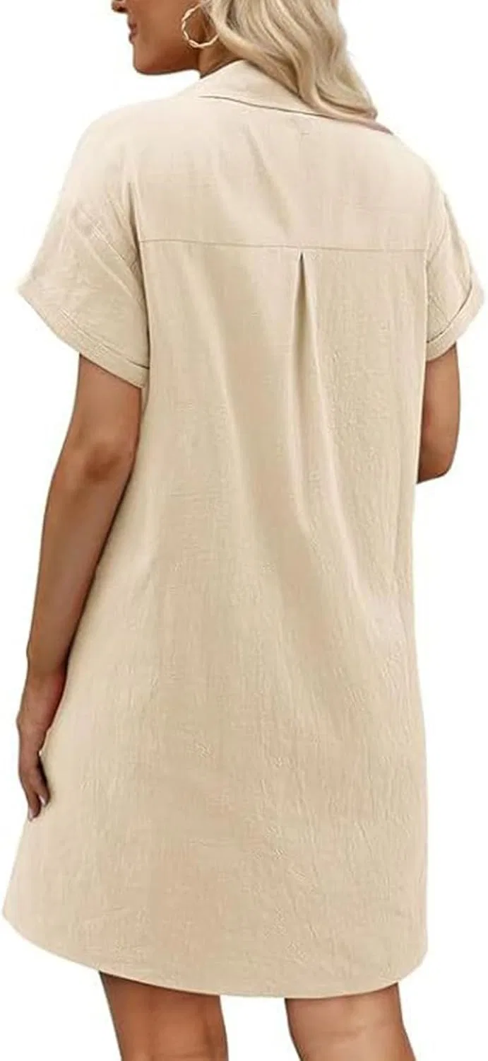 Женское пляжное платье-рубашка с коротким рукавом и карманами Cotton Linen, Beige — фото 3