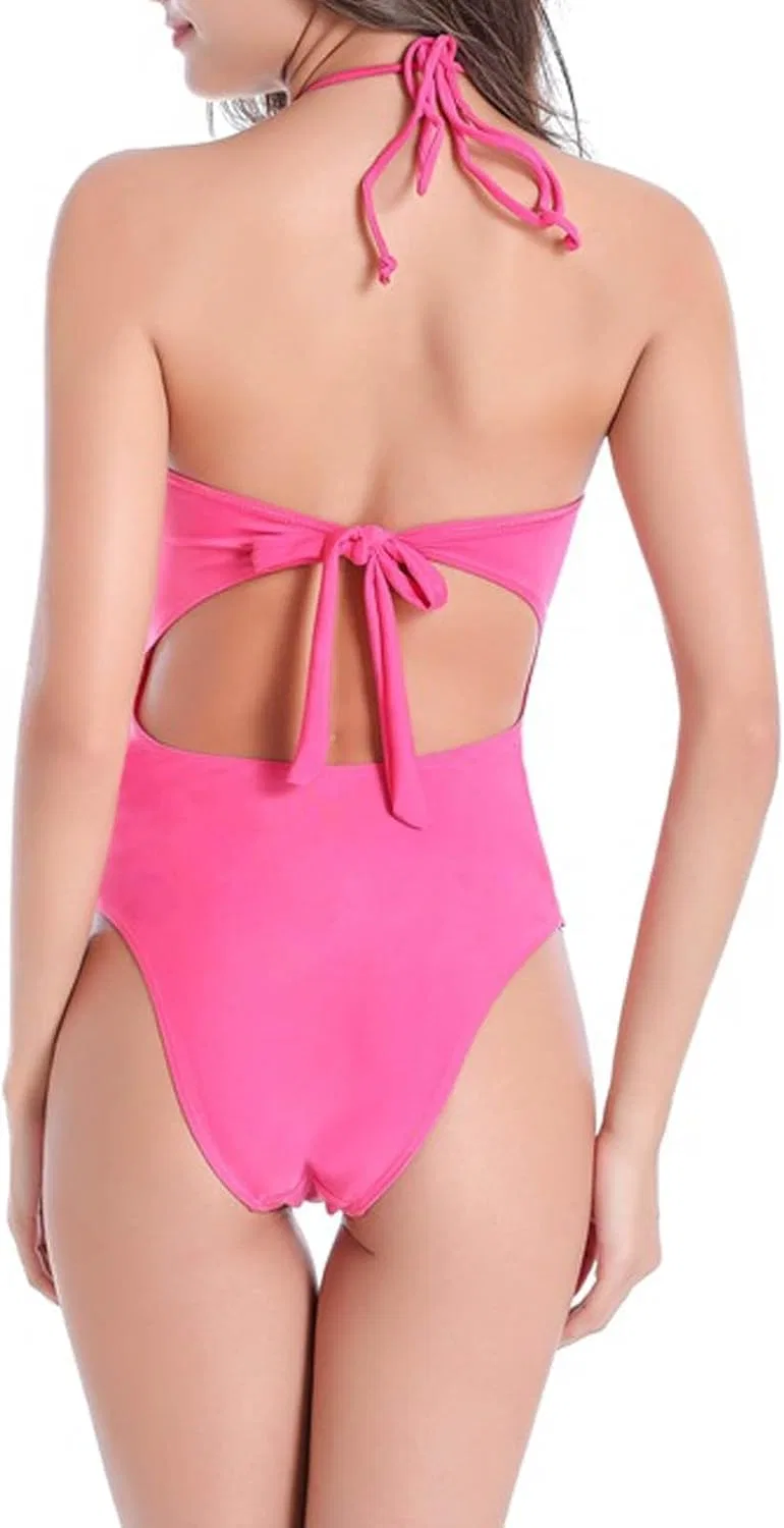 Женский цельный купальник с завязками на шее и вырезами One Piece Swimsuit, Hot Pink — фото 4