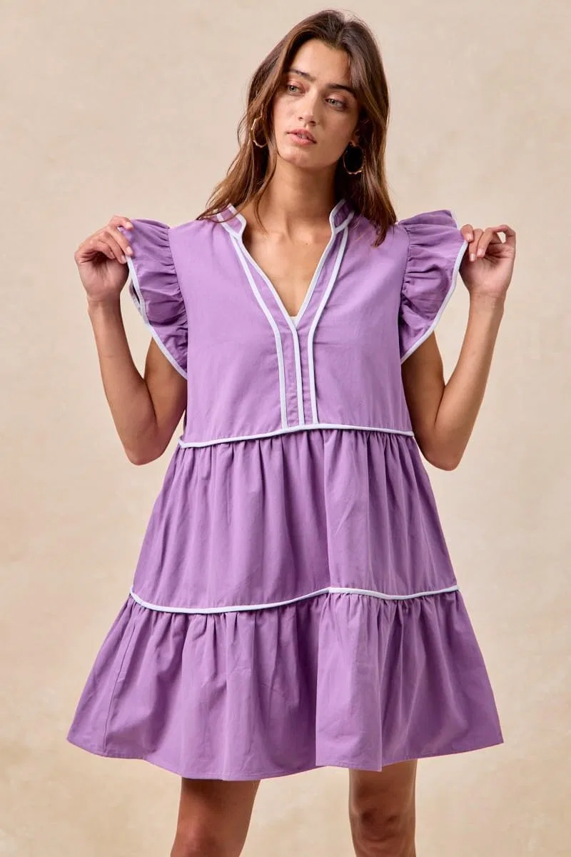 Женское платье мини с контрастной окантовкой и рюшами, Purple — фото 3