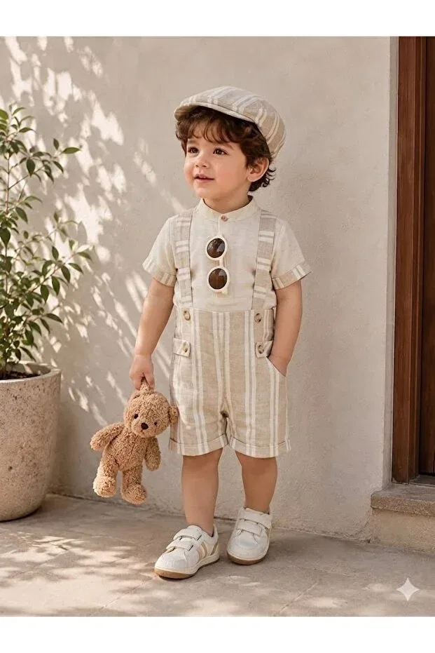 Детский комбинезон для мальчиков в полоску с кепкой Junior Class, Beige — фото 2