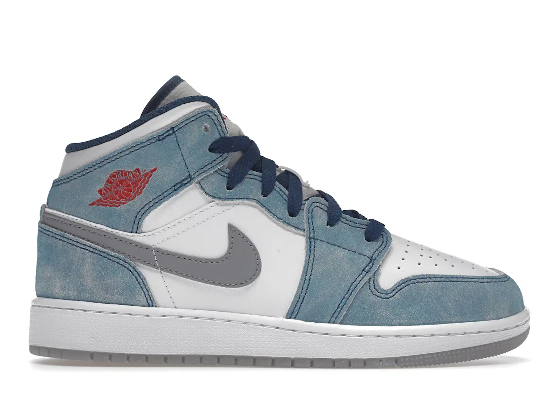 Детские кроссовки Lifestyle с состаренным дизайном Jordan 1 Mid SE, French Blue/White/Light Steel Gray/Fire Red