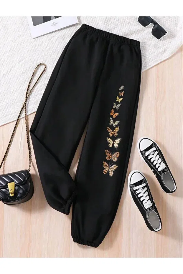 Детские спортивные штаны для девочек с принтом Unisex Butterfly Printed 3 Thread Jogger Relaxed Fit Sweatpants Keywest, Siyah