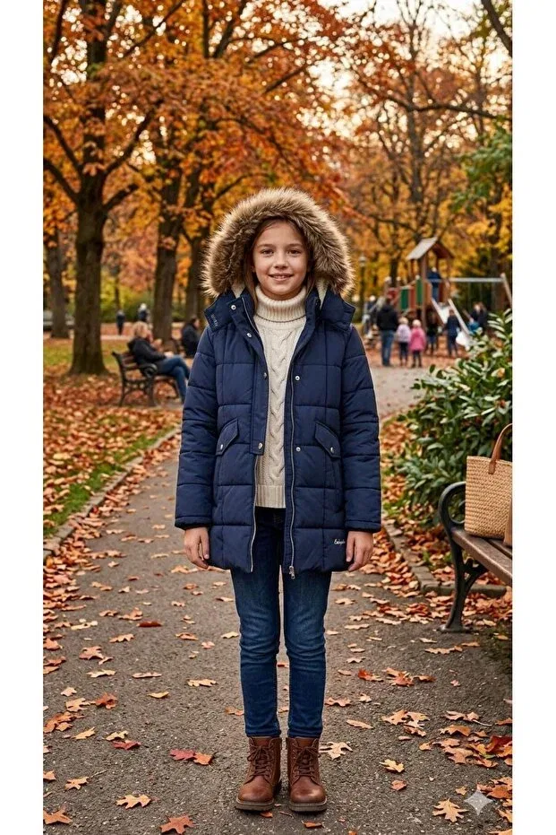 Детское пальто для девочек с длинным рукавом Faux fur detailed waterproof girls' winter parka Haanbebe, Navy Blue
