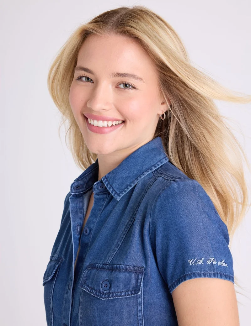 Женское платье-рубашка U.S. Polo Assn. Belted Denim, темно-синий индиго — фото 4