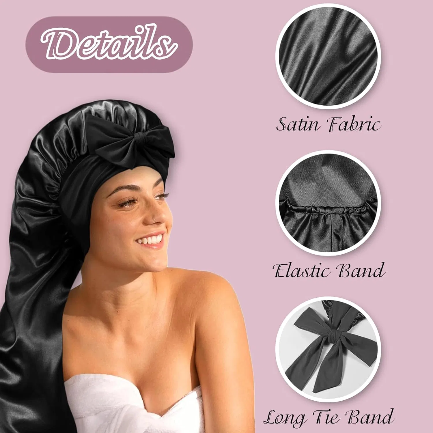 Шапочка для душа длинная, NICECONE, Satin, 68 см, Black — фото 3