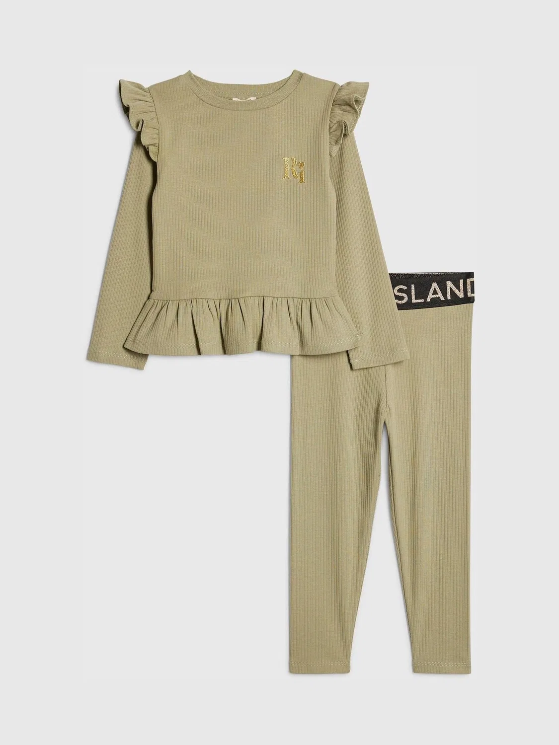 Комплект из топа с рюшами и леггинсов, Rib Top & Waistband Leggings Set River Island, зеленый