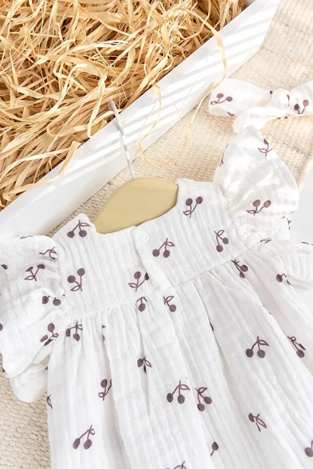 Детский комбинезон для девочек хлопковый Muslin Cherry Patterned Babymod, Cream — фото 3