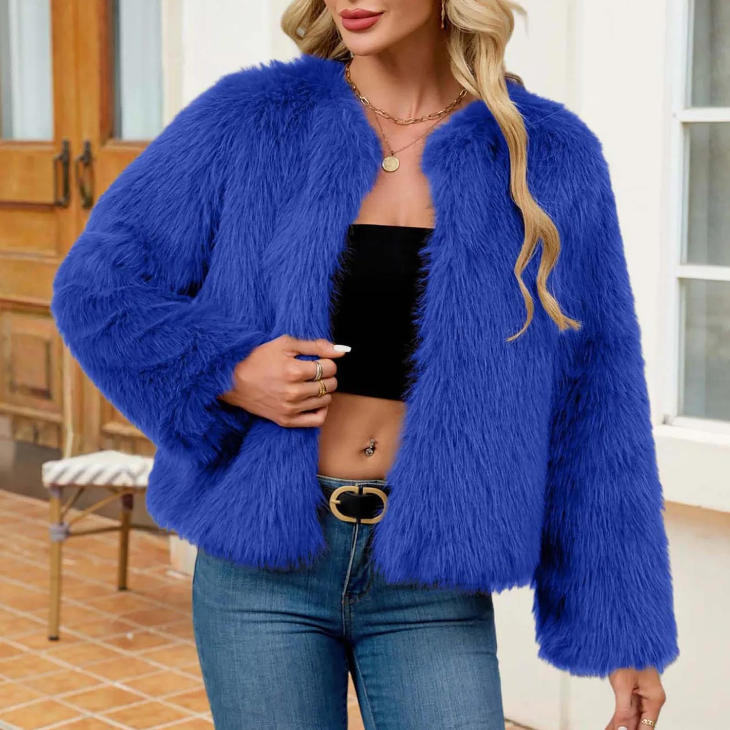 Женское пальто из искусственного меха с длинным рукавом, B Blue — фото 2