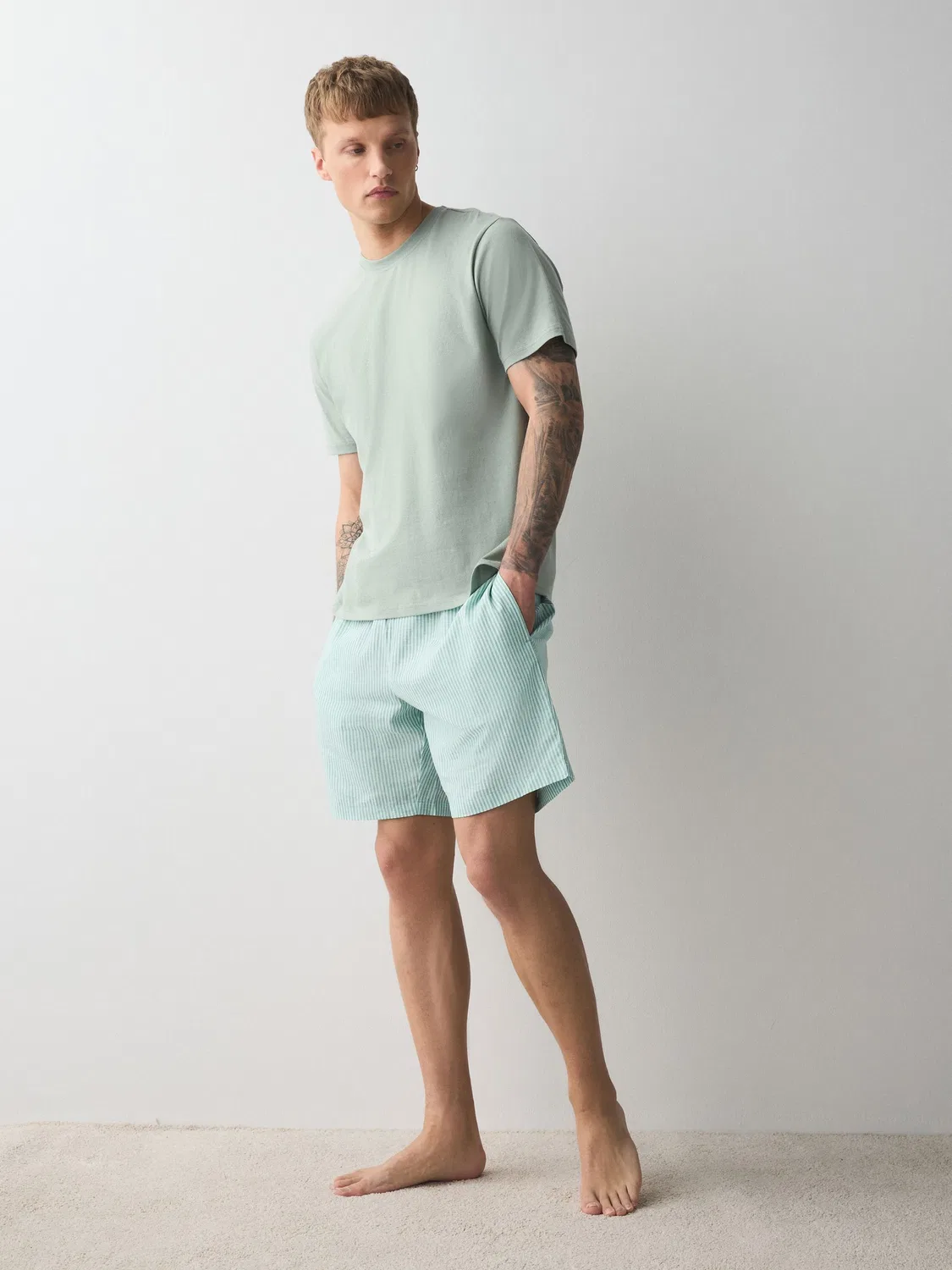 Пижама Linen Blend Woven Stripe Next, Зеленый/Синий — фото 4