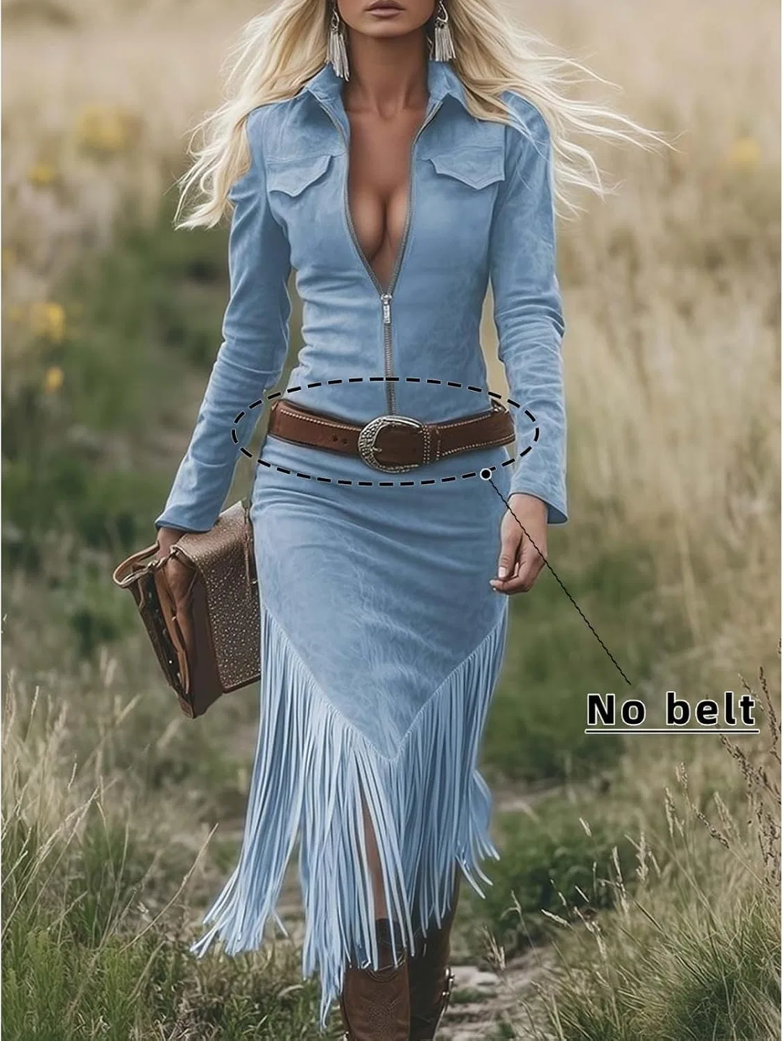 Женское платье из искусственной замши с длинным рукавом, Vintage Cowgirls Style, Fringed, Zip Collared, синий — фото 2