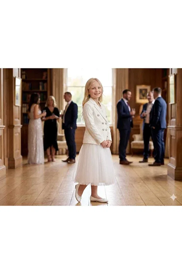 Детский блейзер для девочек с принтом Mother Daughter Stone Detailed Blazer Jacket Hilal Akıncı Kids, White — фото 2