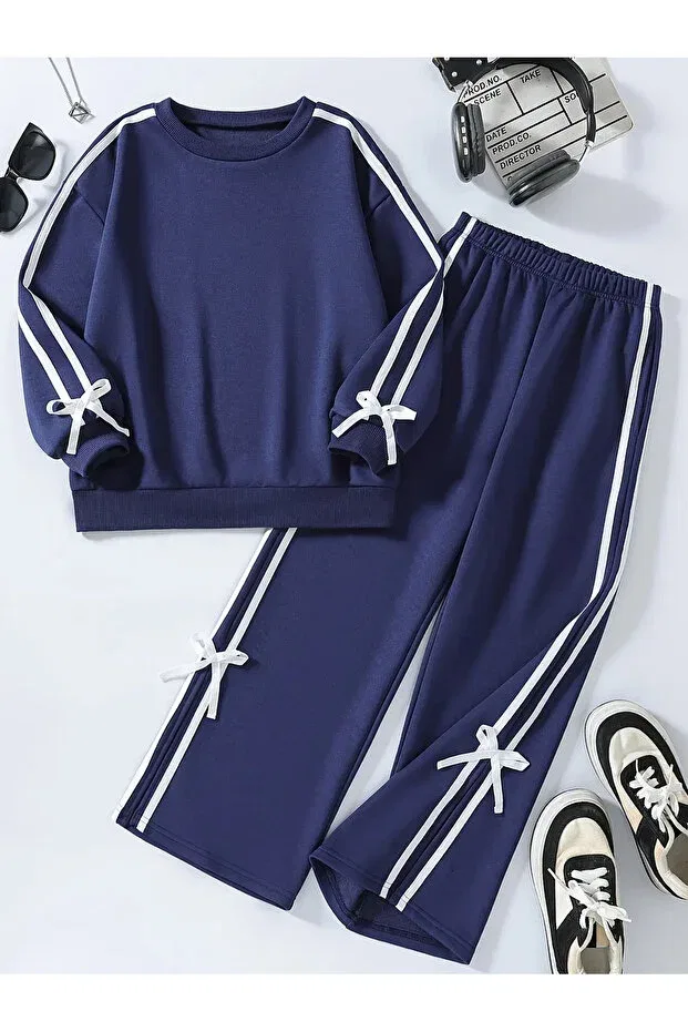 Детский комплект спортивного костюма для девочек с бантом Happy bebbee Mtl, Navy Blue