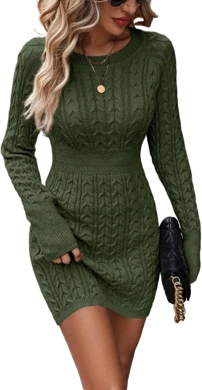 Женское кабельное платье-свитер с круглым вырезом, Army Green