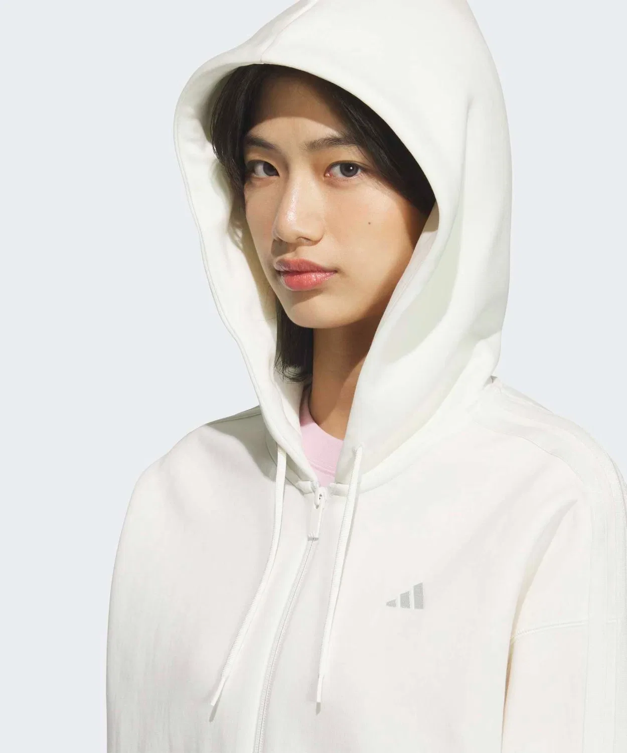 Женский худи с длинным рукавомEssentials Plus Three Stripes Space Knit Loose Fit Full Zip Adidas, White — фото 3