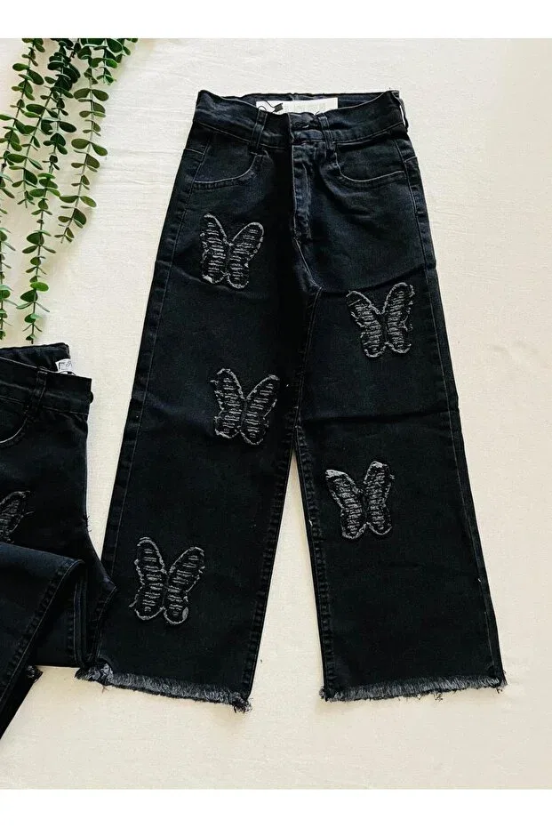 Детские джинсы для девочек с принтом Butterfly Embroidered Jeans Çalışkan Çocuk, Black — фото 3