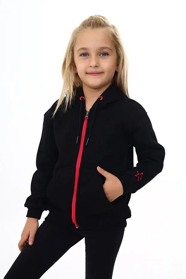 Детский кардиган для девочек с капюшоном Girl'S beige hooded zippered pocket embroidery printed knitted cardigan - 2 thread raised embroidery Toontoy, Black