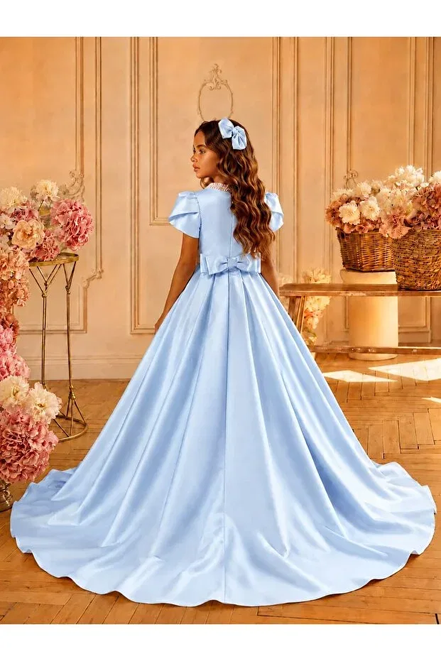 Детское платье для девочек с жемчугом Prom By Feyza Kids Collection, Blue — фото 4