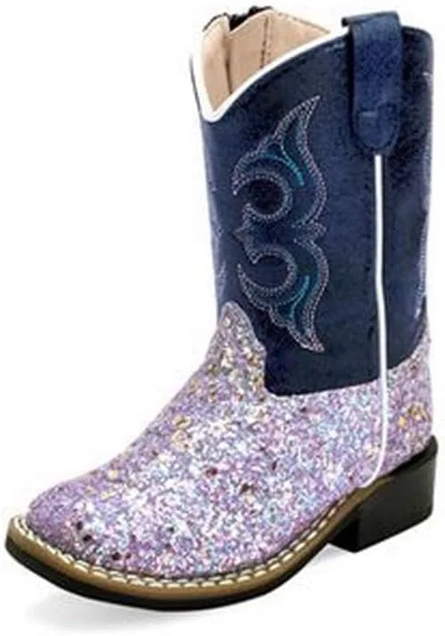 Детские ботинки из кожзаменителя с широким квадратным носком Old West Boots, Sparkling Purple Foot/Blue Crackle Shaft