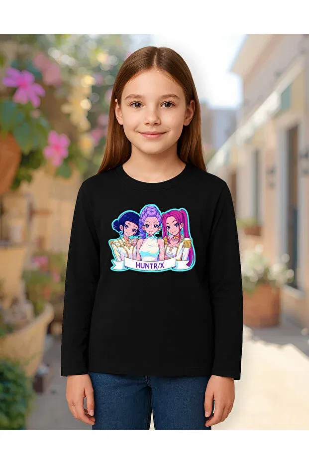 Детская футболка для девочек с принтом Kpop Demon Hunters Huntrix Long Sleeve Printed Girls' T-Shirt Mixxi Fashion, Black — фото 2