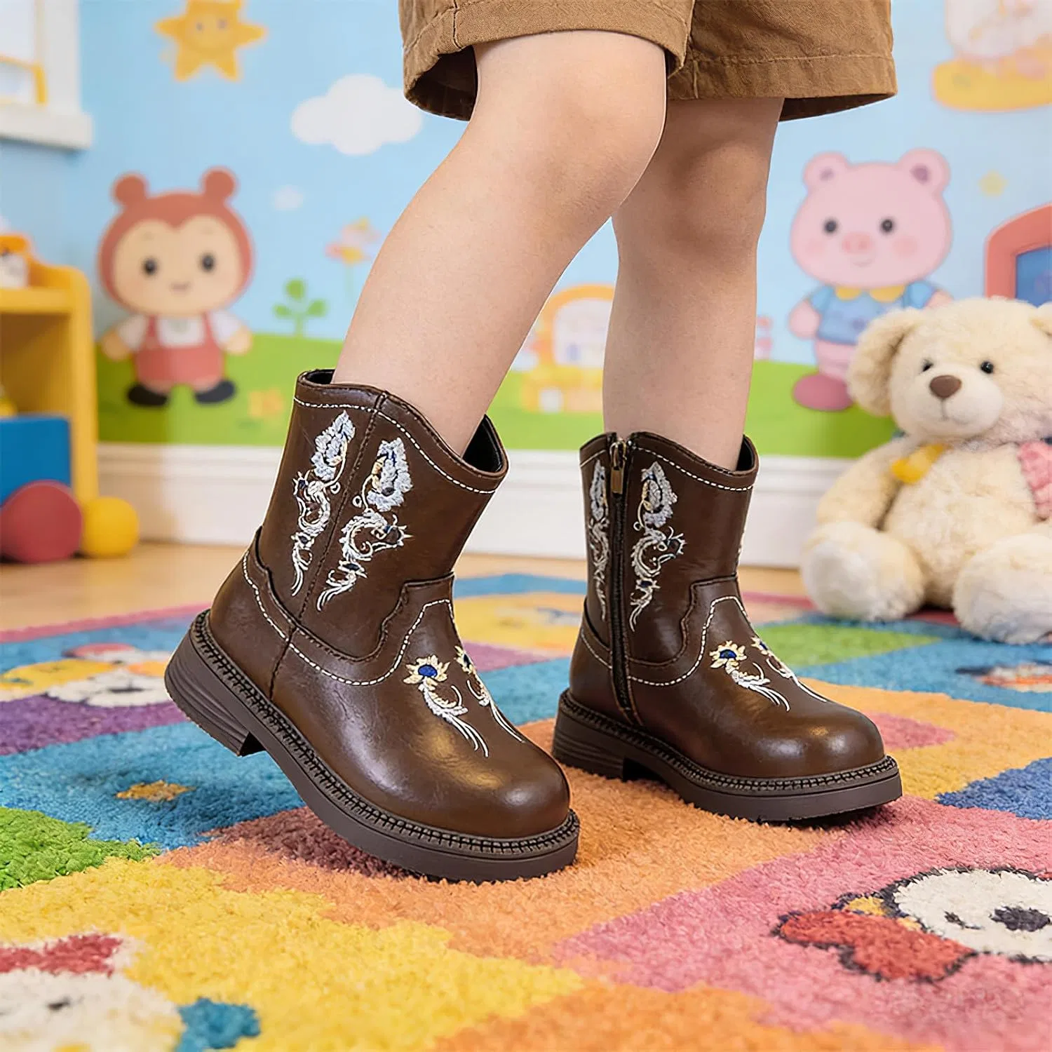 Детские сапоги для девочек с вышивкой Cowboy Western Boots rismart, Brown — фото 2