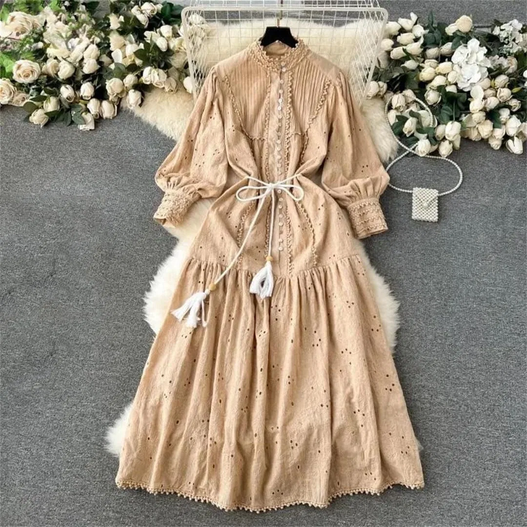 Женское платье с вышивкой и кружевной отделкой, Khaki — фото 3