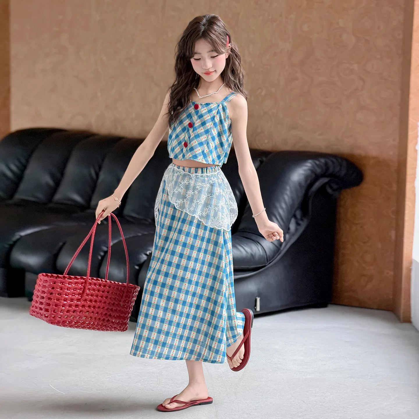 Детский комплект из топа и юбки с принтом Blue Plaid Clothing Sets YALU — фото 4