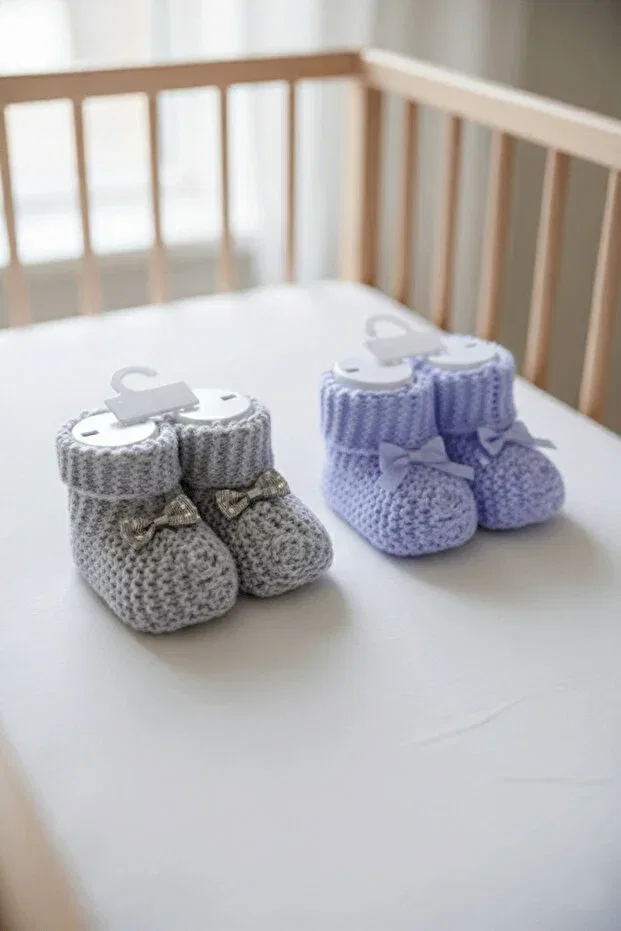 Детские пинетки для девочек вязаные комплект 2 пары Caramini, Gray & Blue