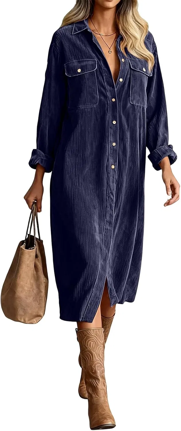 Женское платье из вельвета A-line с длинным рукавом, Navy Blue — фото 2