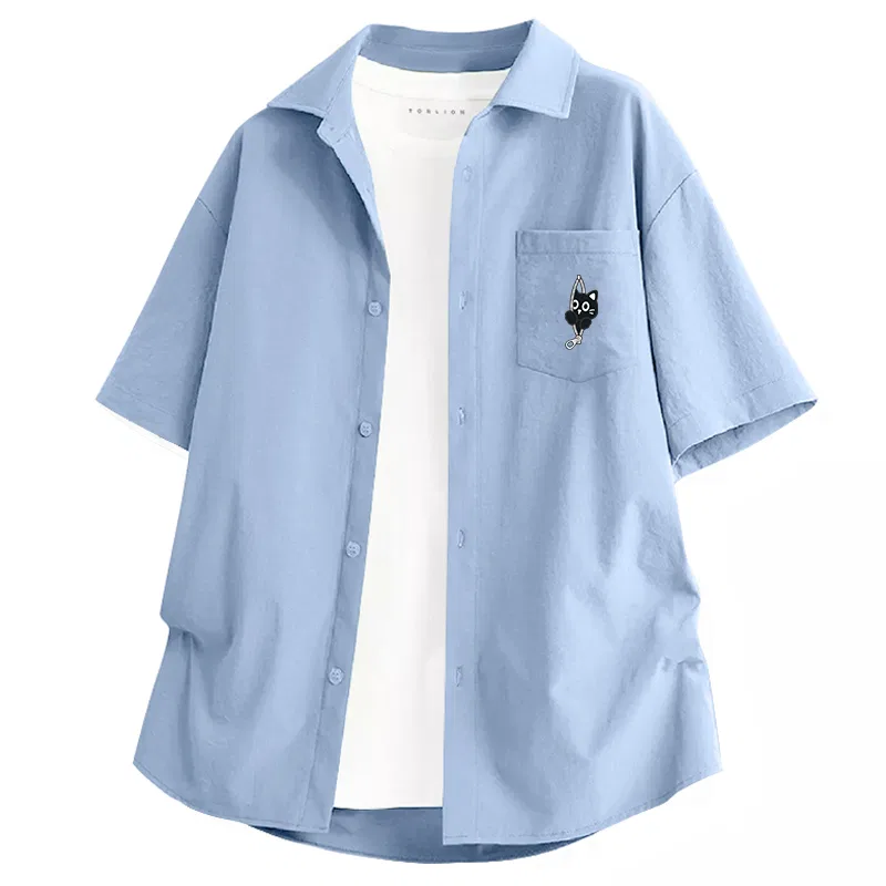 Детская рубашка с коротким рукавом из льна с принтом Tonlion, Light Blue