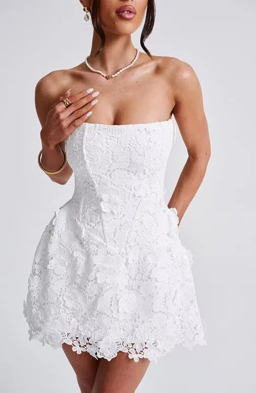 Женское короткое кружевное свадебное платье A-line с рукавами, White — фото 3