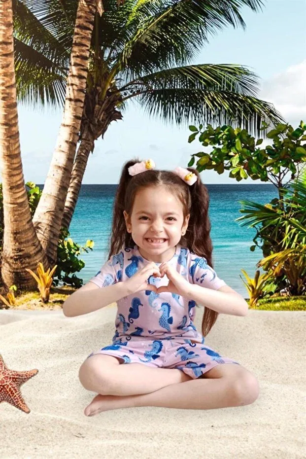 Детские шорты для девочек с принтом Blue Seahorse Patterned Walkiddy, Pink — фото 3