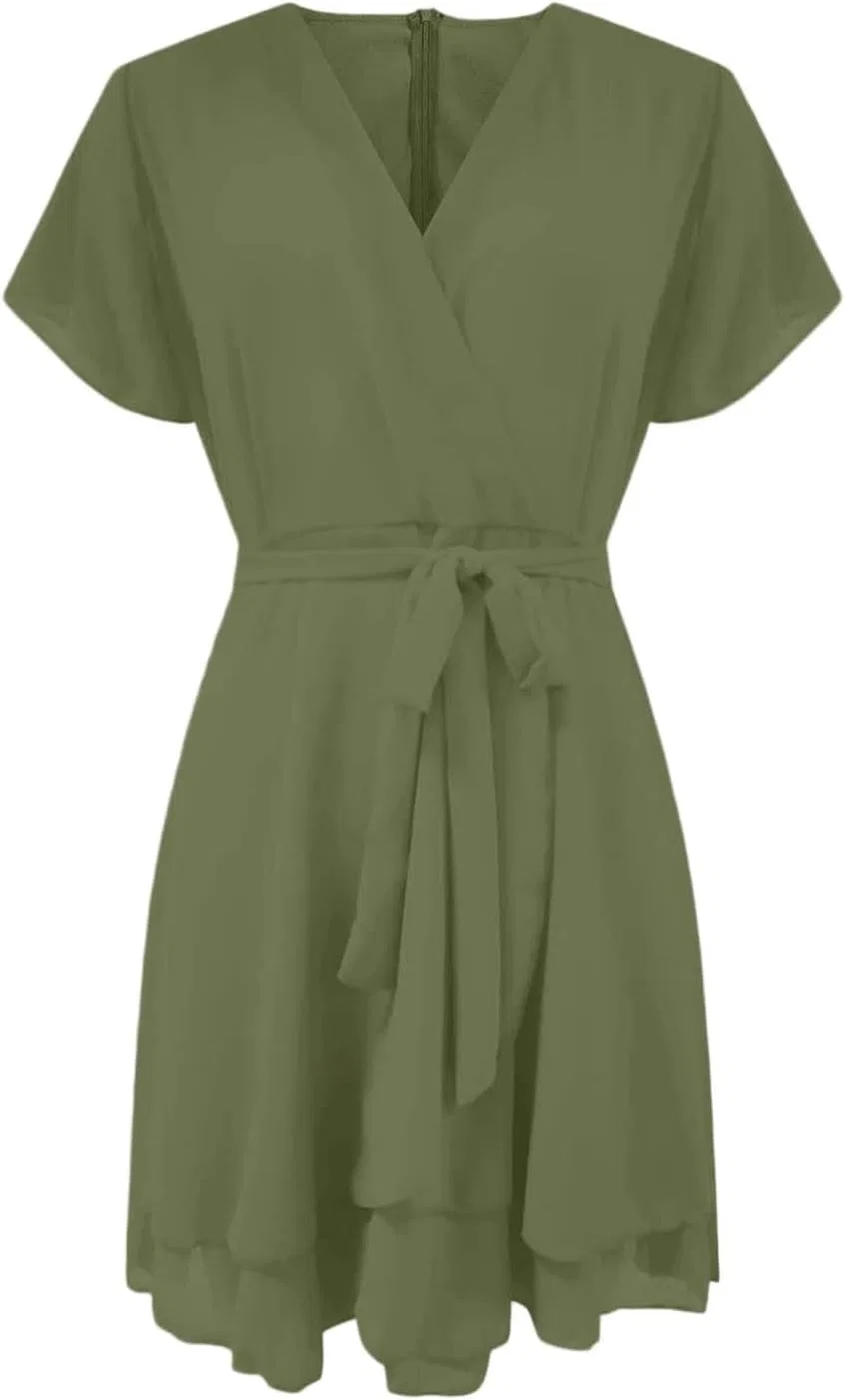 Женское мини-платье с V-образным вырезом и завязками на талии, Light Green — фото 3