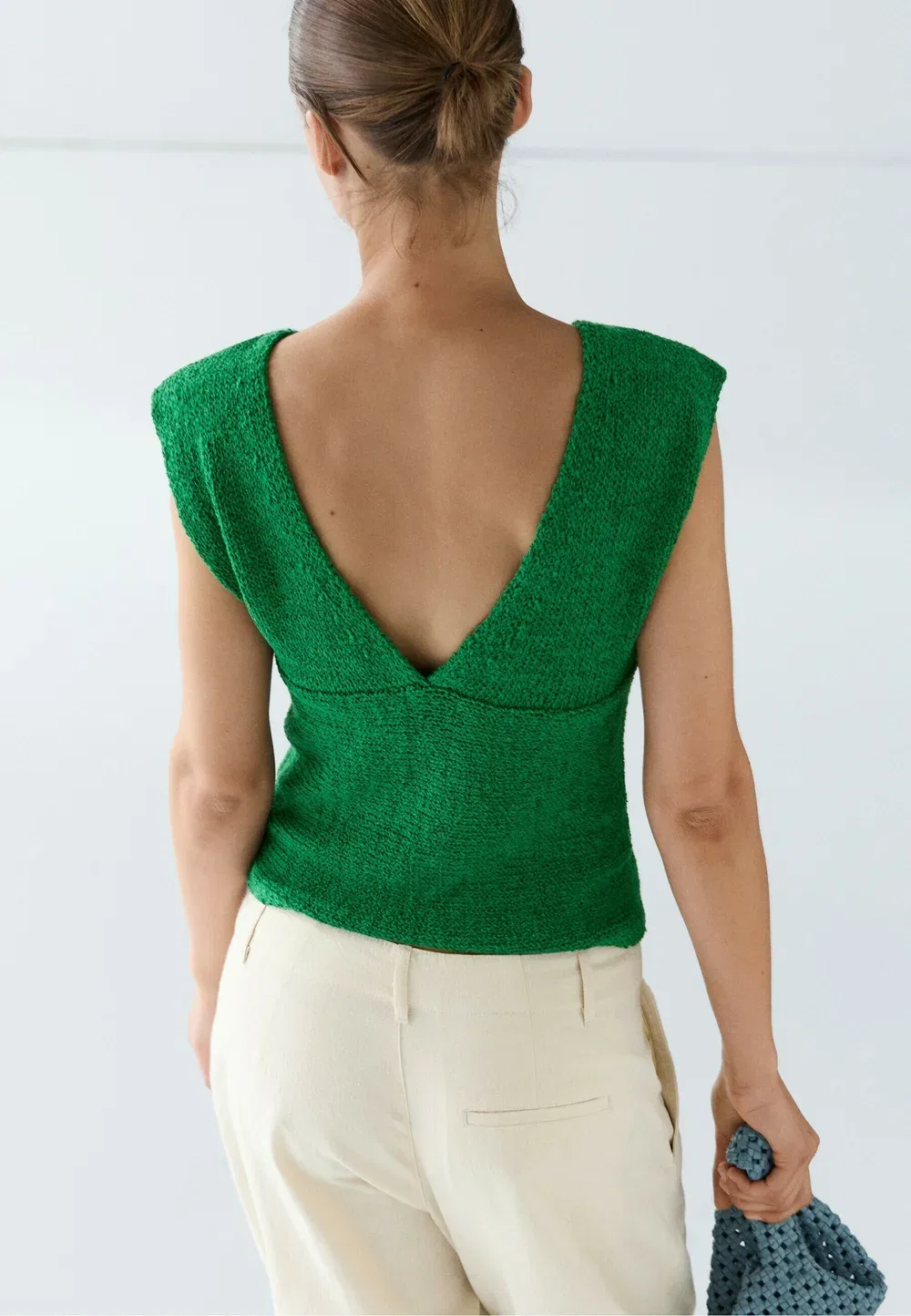Вязаный топ с V-образным вырезом из смесовой хлопковой ткани Massimo Dutti, Mottled Dark Green — фото 3