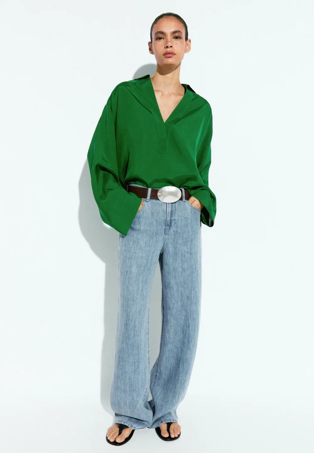 Поло-Рубашка с длинными рукавами, свободная, туника Massimo Dutti, Mottled Dark Green — фото 2