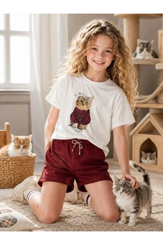 Детская футболка для девочек с принтом Oversize Cat Printed Design Zekids, Ecru