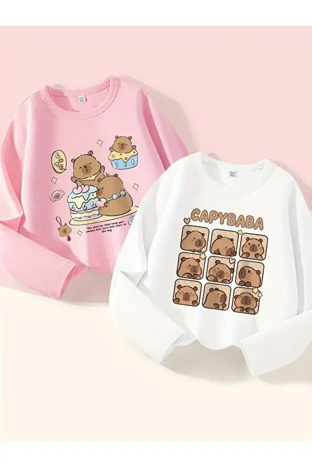 Детские свитшот для девочек с принтом Little Capybara Morning Kids, Pink-White