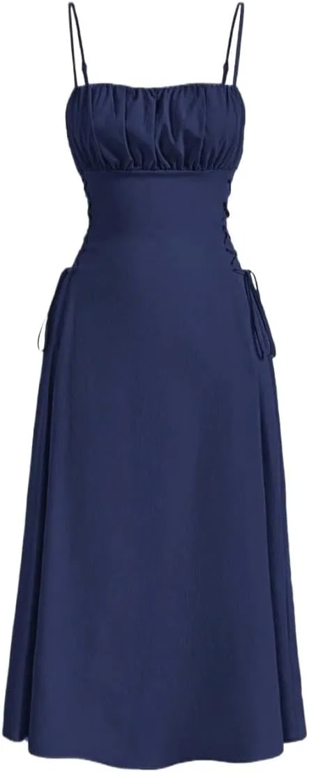Женское миди-платье на тонких бретелях с запахом, Navy Blue