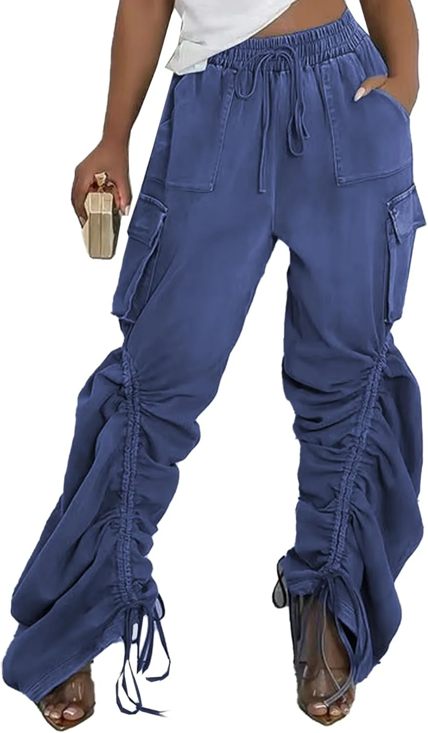 

Ecirod Cargo Stacked Jeans для женщин, Baggy, Y2K, High Waisted, Wide Leg