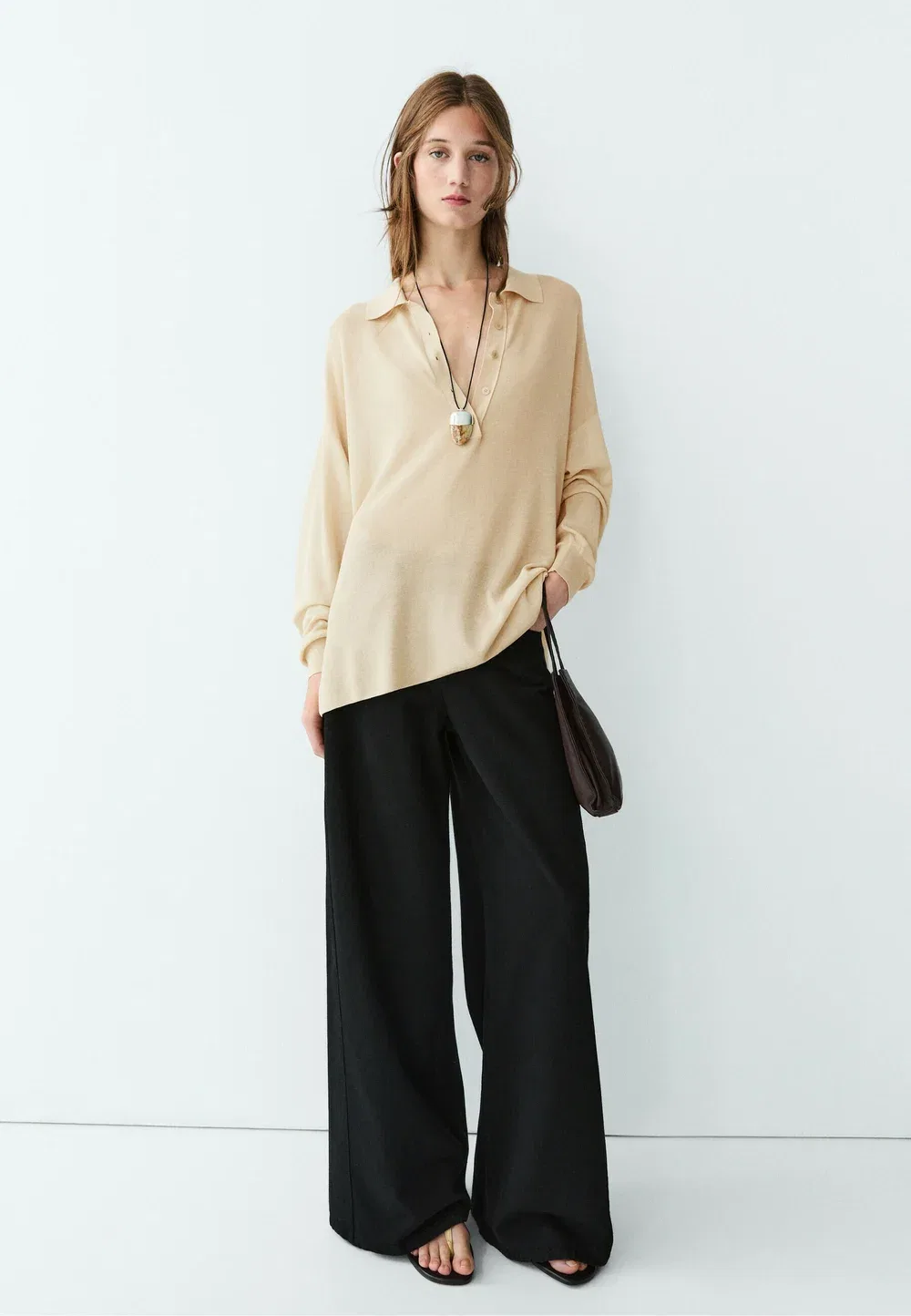 Поло-Свитер из смеси хлопка и шелка - рубашка поло Massimo Dutti, Beige