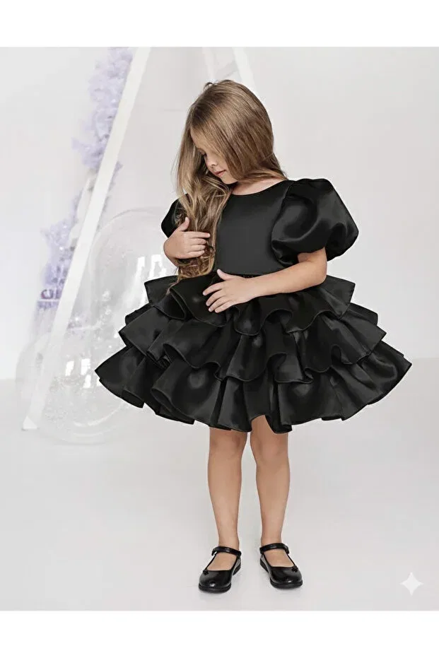 Детское платье для девочек с коротким рукавом-фонарик Asel Kids, Black