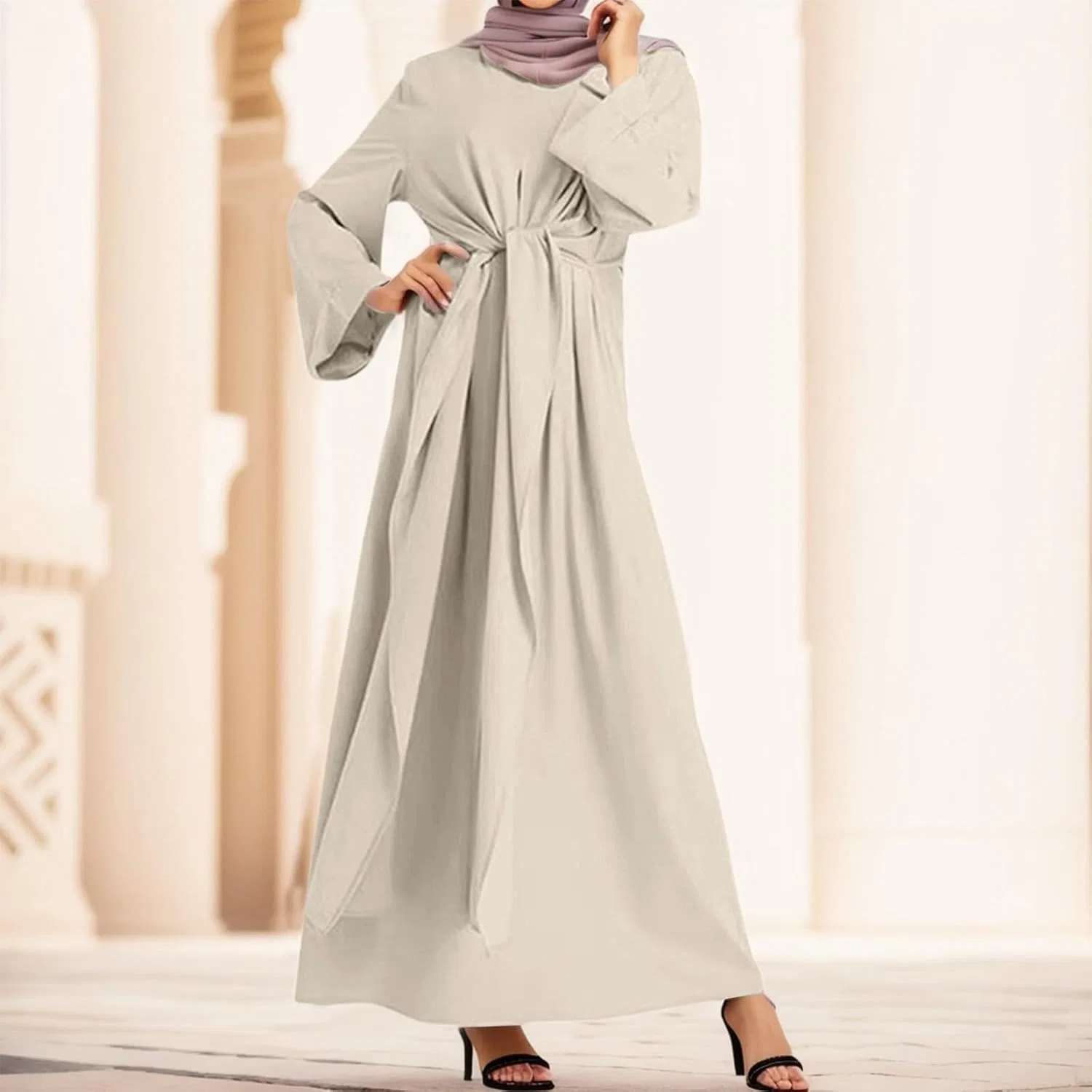 Женская молитвенная абайя макси с завязками на талии, Beige — фото 2