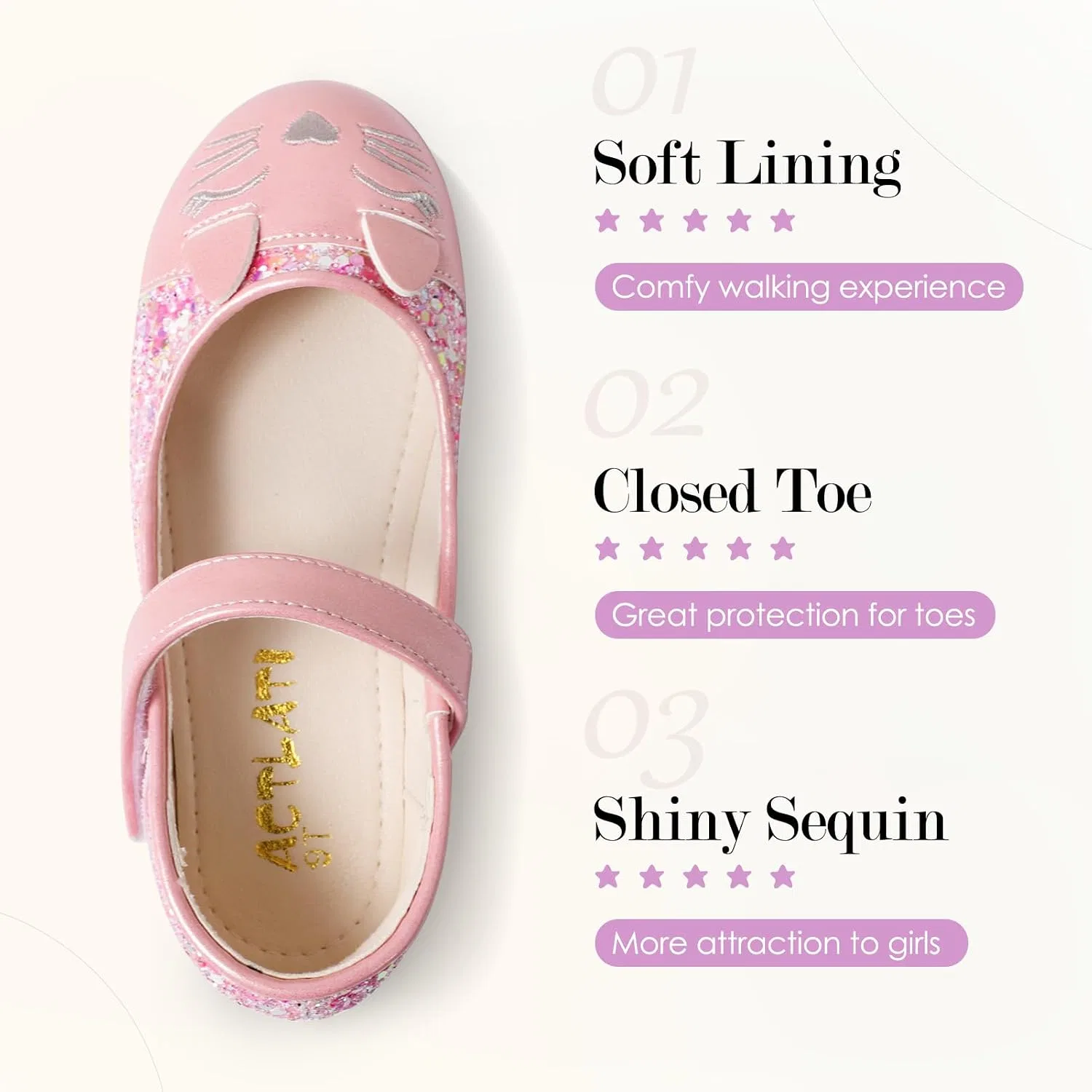 Детские балетки для девочек с принтом Funny Cat Glitter Princess Secret Slippers, Glitter Pink — фото 4