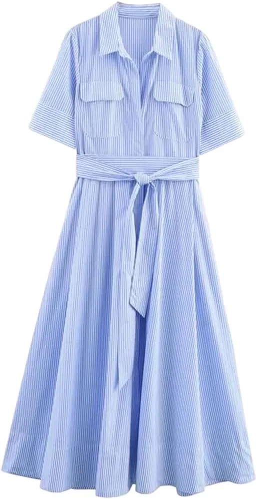 Женское повседневное платье-рубашка в полоску Casual Long Dress, Blue