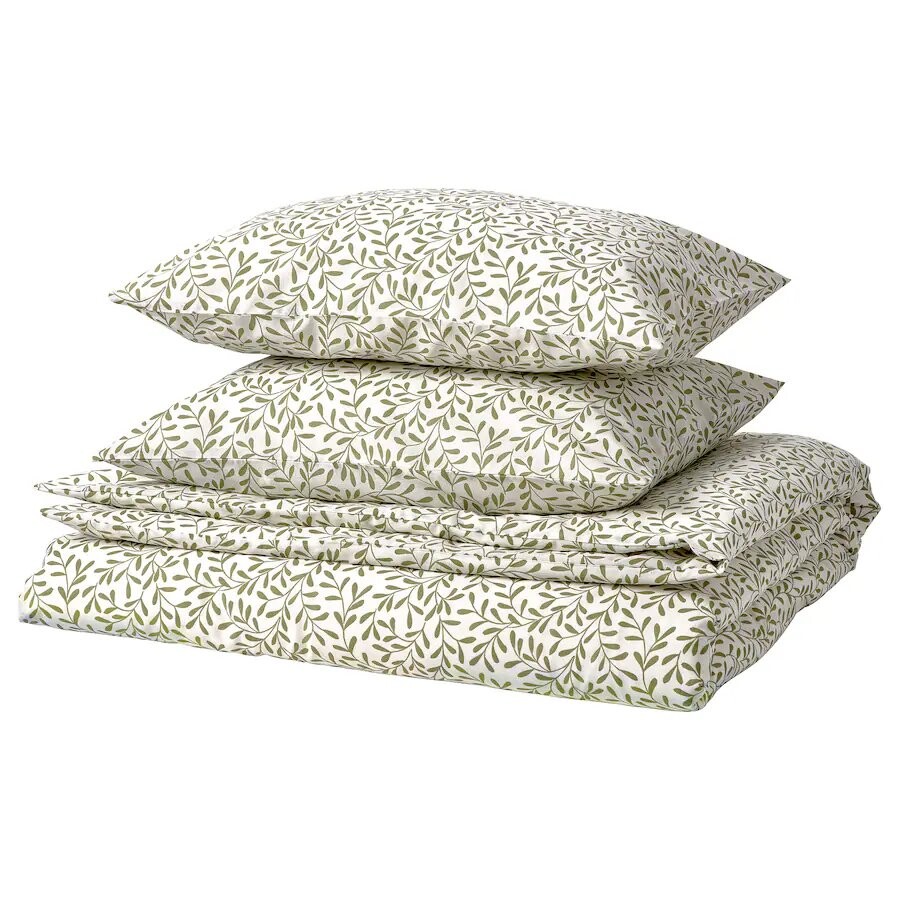 Комплект постельного белья Ikea Sorgmantel, 3 предмета, 240x220/50x60 см, бело-зеленый