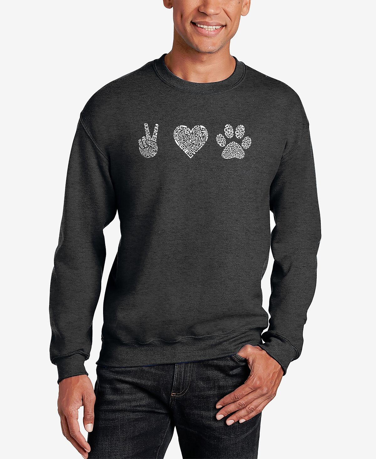 

Мужская толстовка с круглым вырезом peace love dogs word art LA Pop Art, темно-серый