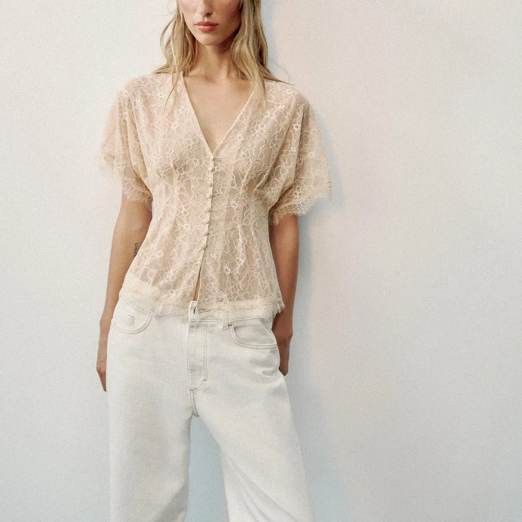 Женская шифоновая блузка с V-образным вырезом Light Pink Red, ZARA — фото 4